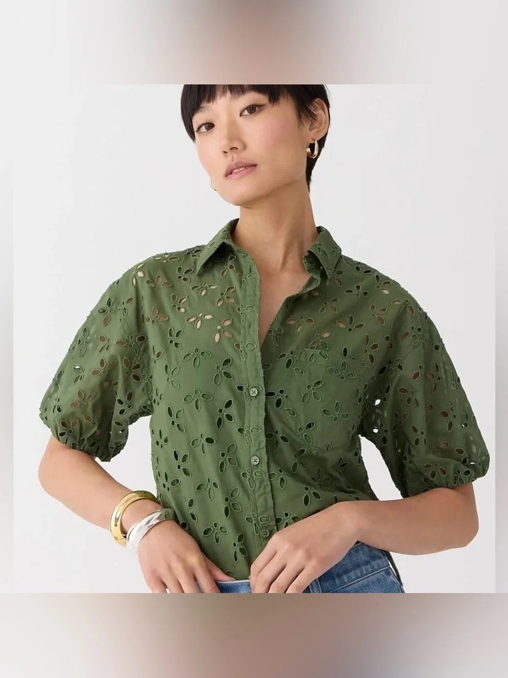 J. Crew Spring Garden Eyelet Top in Olive Green